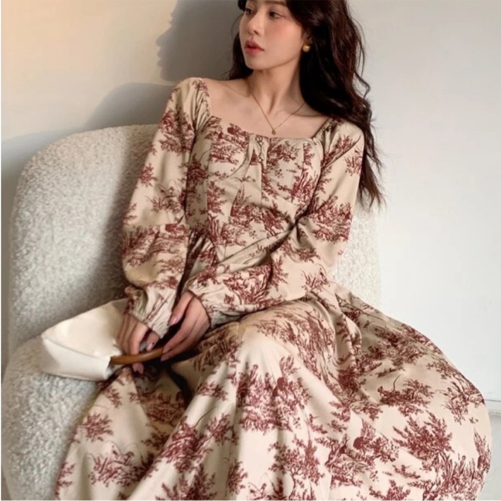 Dazy Burgundy and Cream Toile Dress with Ballon Sleeves Bustier Top Basque Waist